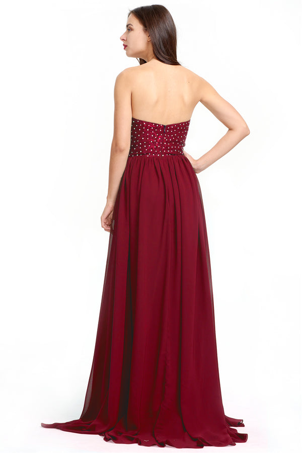Burgundy Strapless Plunging Chiffon A-Line Evening Gown