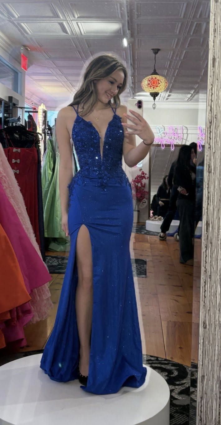 Deep V-neck Spaghetti Strap Lace Appliques Slit Blue Prom/Evening Dress