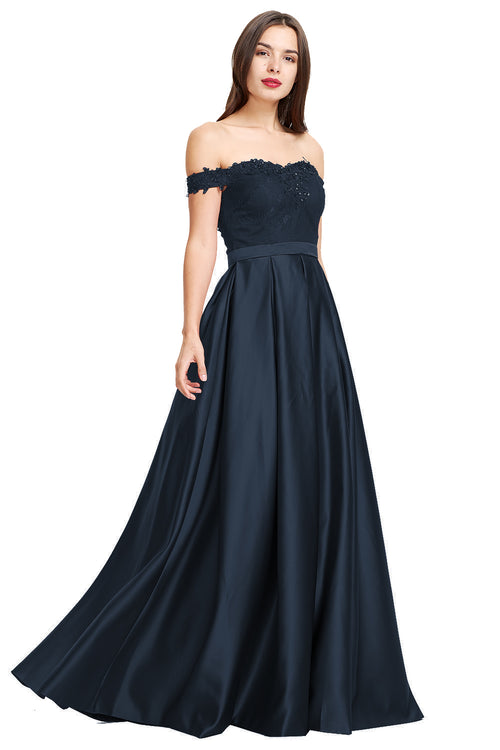 Dark Navy Pleated Off-the-Shoulder Lace and Satin A-Line Prom Dress