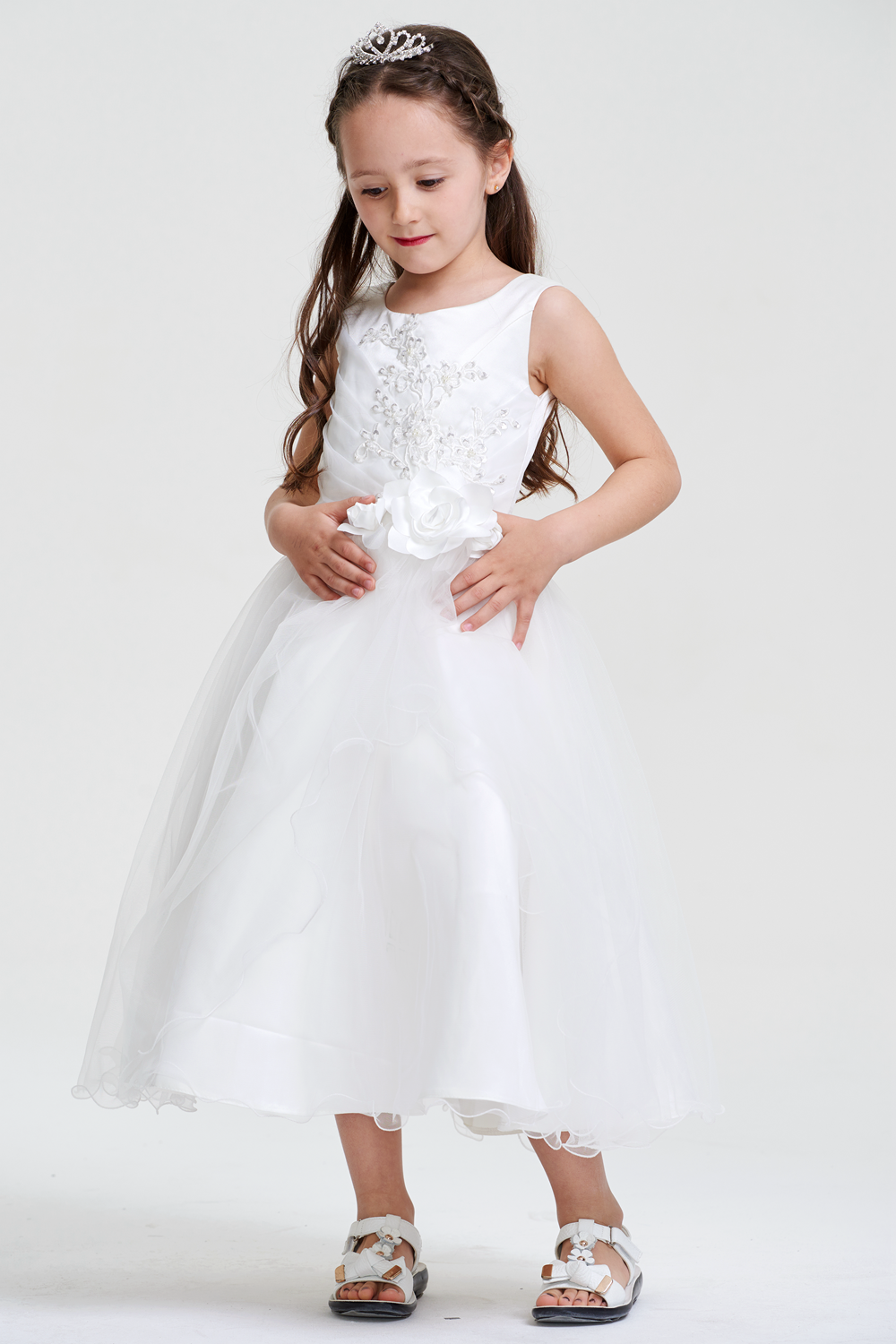 Satin and Organza A-Line Flower Girl Dress with Floral Appliques