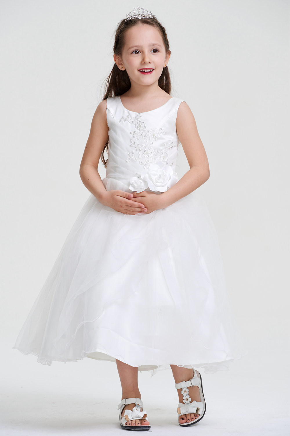 Satin and Organza A-Line Flower Girl Dress with Floral Appliques