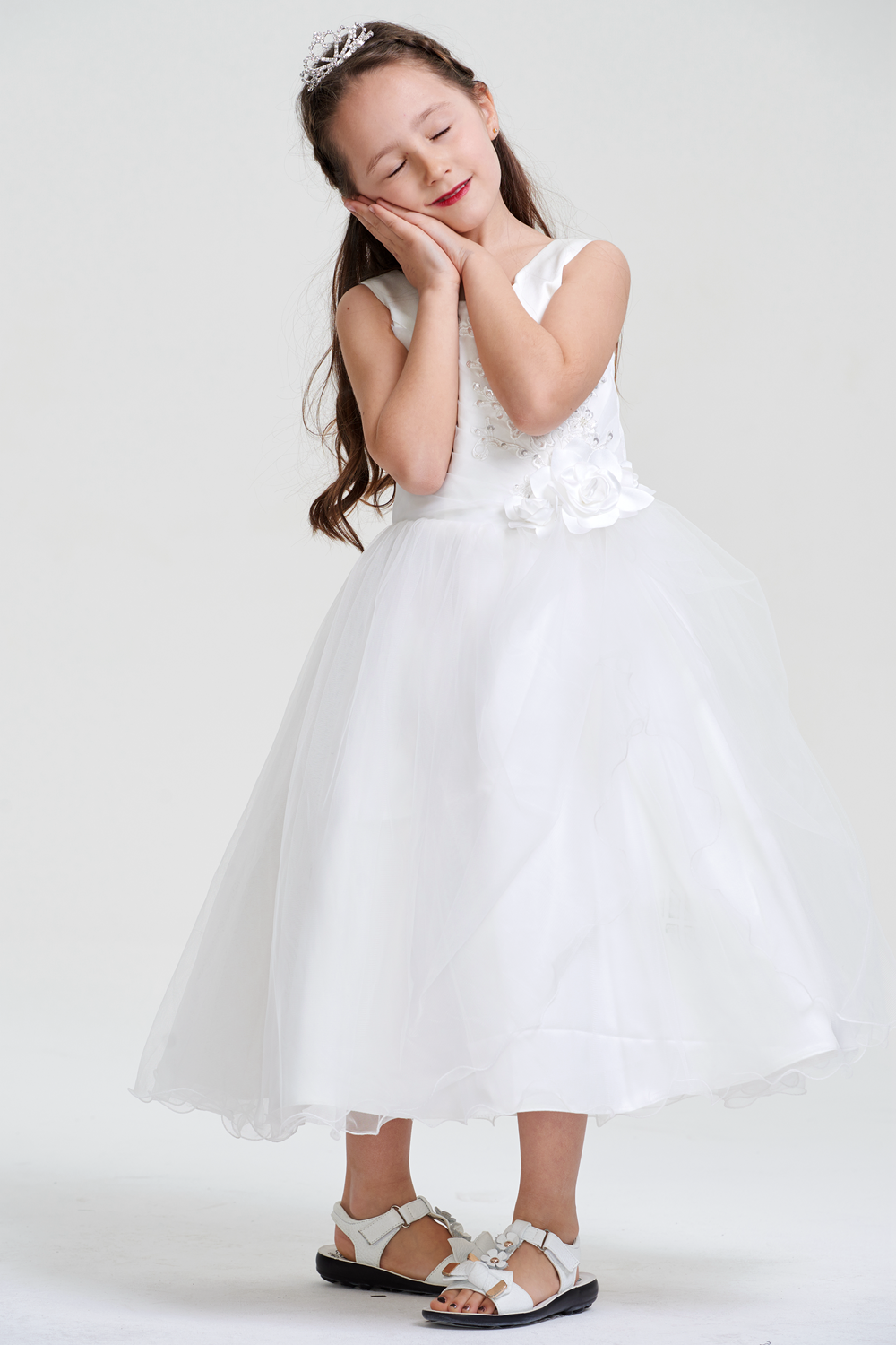Satin and Organza A-Line Flower Girl Dress with Floral Appliques