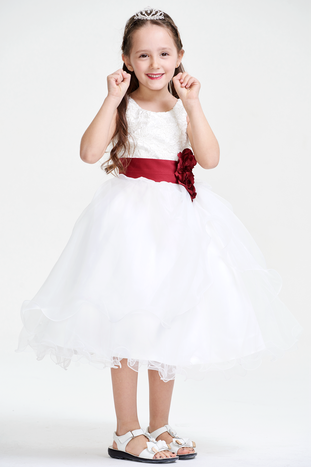 Rose Petal Round Neckline Knee-Length White Organza Flower Girl Dress