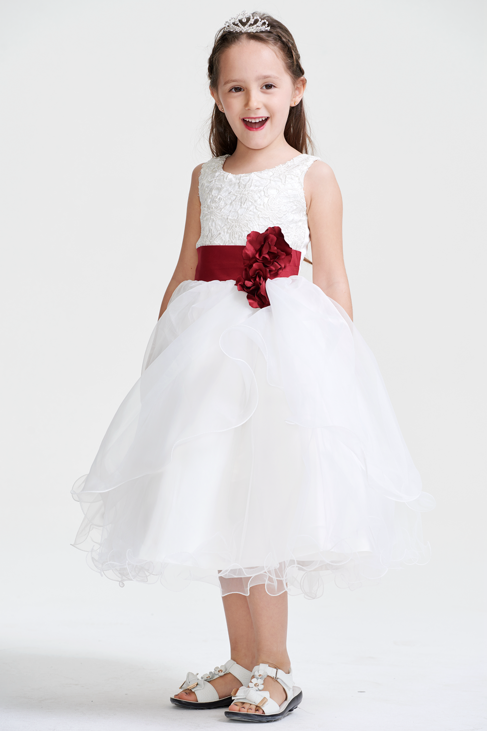 Ruffled Organza Flower Girl Dress with Lace Bodice and Floral Sash