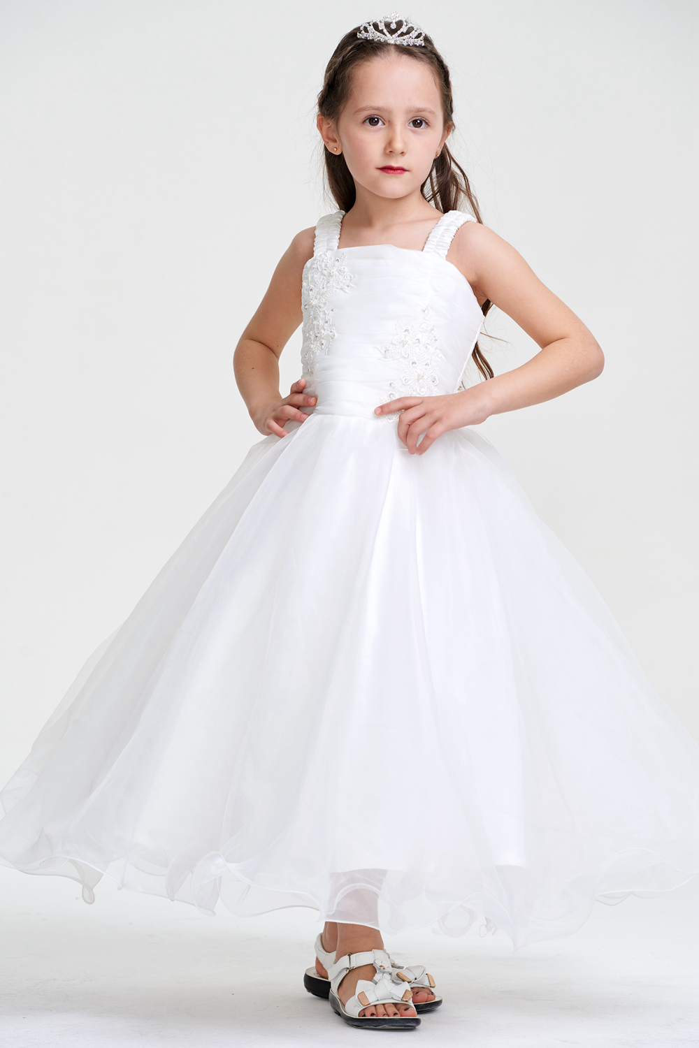 Gorgeous White Organza Square Neckline Flower Girl Dress with Flower Embroidery