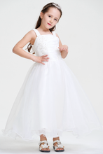 White Organza Square Neckline Flower Girl Dress with Flower Embroidery