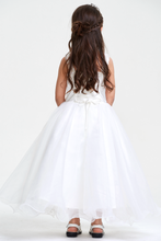 White Organza Square Neckline Flower Girl Dress with Flower Embroidery