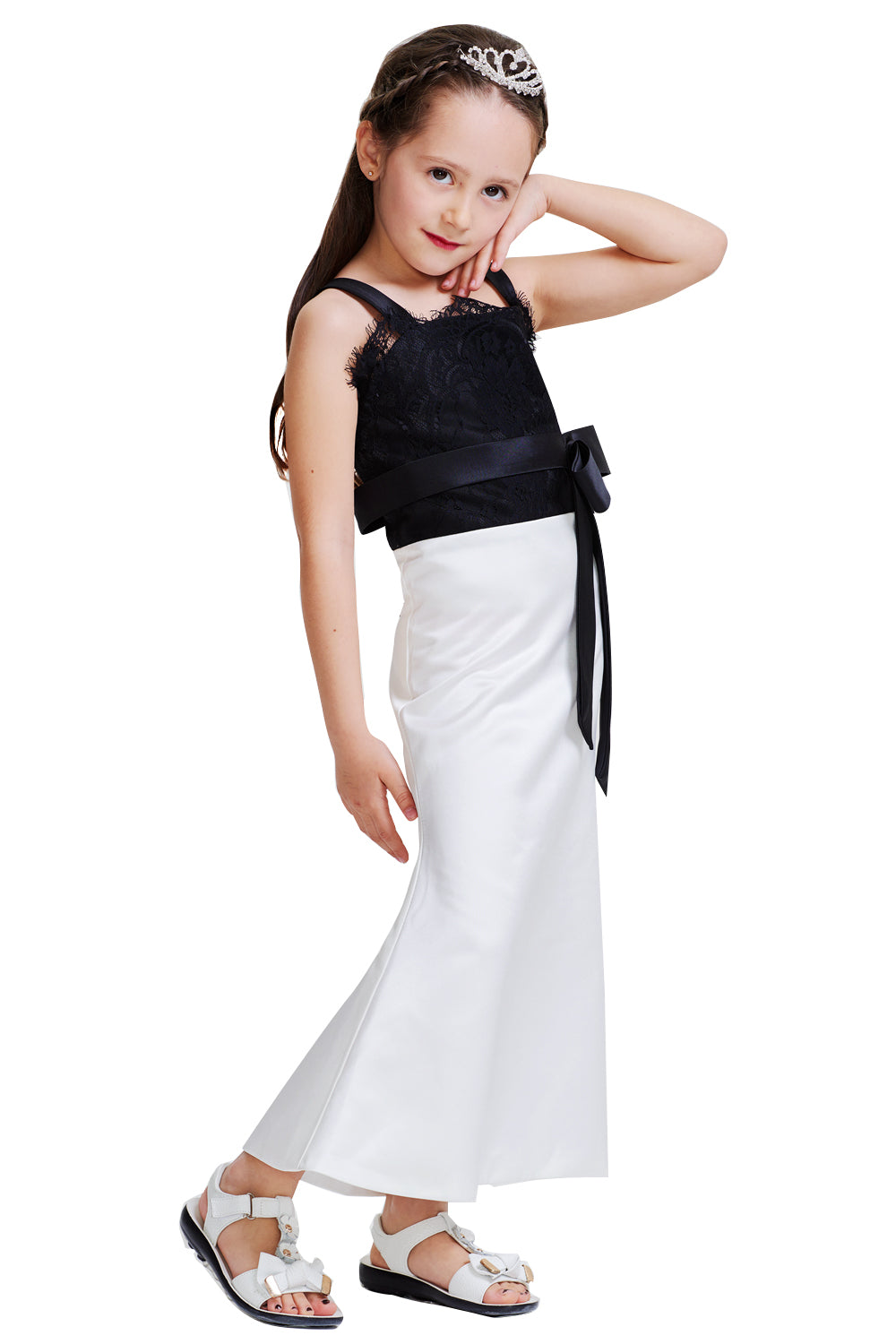 Black And White Satin Lace Asymmetric Neckline Mermaid Flower Girl Dress Secondary image