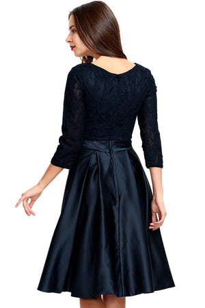 Dark Navy 3/4-Sleeve Lace and Pleated Satin Homecoming Dress with Waist Bow