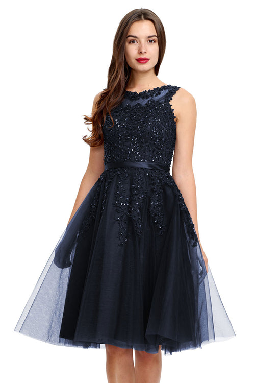 Dark Navy Illusion-Back Lace-Applique Tulle A-Line Homecoming Dress