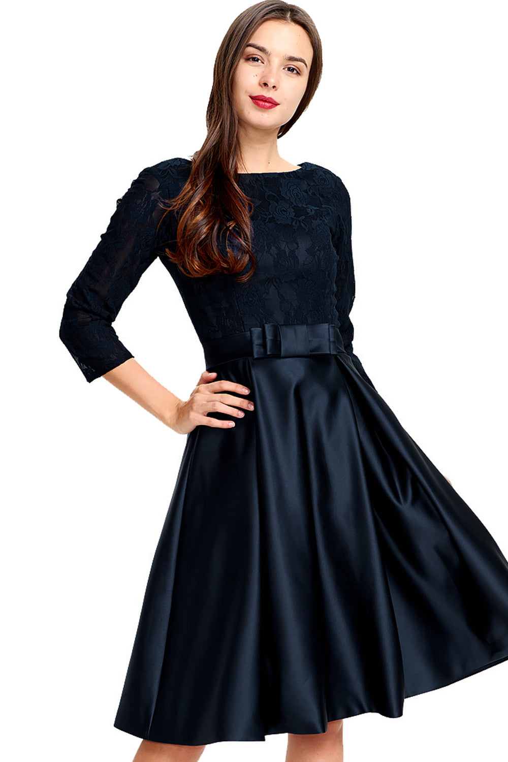 A-line 3/4 Sheer Sleeves Knee Length Satin Homecoming Dress – Angrila
