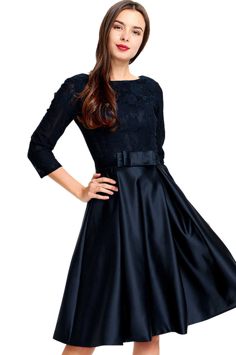 3 4 sleeve knee length black dress A-line 3/4 Sheer Sleeves Satin Homecoming – Angrila Color:Black/Purple Illusion Long Sleeve Applique Straight knee Evening