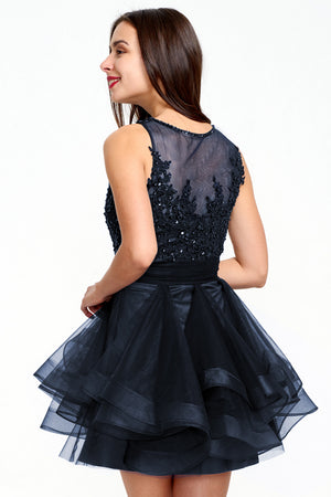 Dark Navy Tiered Tulle A-Line Homecoming Dress with Illusion Lace Bodice