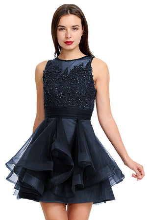 Dark Navy Tiered Tulle A-Line Homecoming Dress with Illusion Lace Bodice