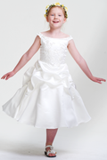 Ivory Lace-Up Off-the-Shoulder Satin Flower Girl Dress with Pick-Up Skirt