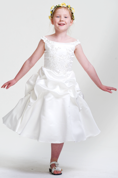 Ivory Lace-Up Off-the-Shoulder Satin Flower Girl Dress with Pick-Up Skirt