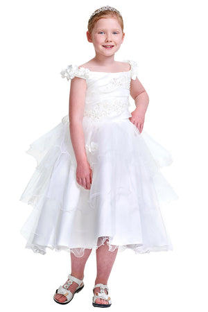 Ivory Off-the-Shoulder Organza Flower Girl Dress with Floral Appliques