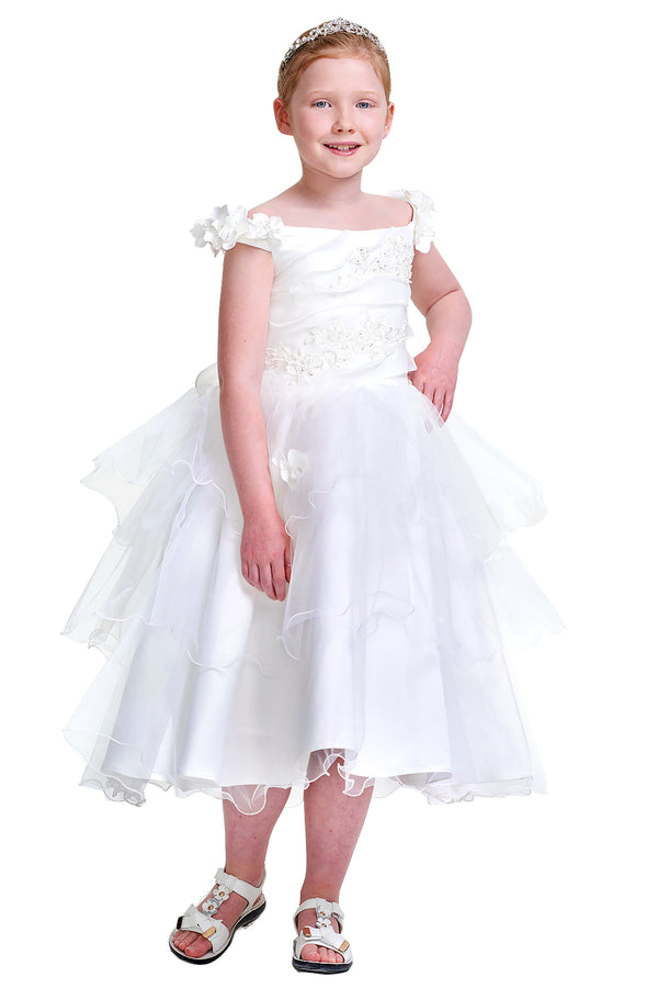 Ivory Off-the-Shoulder Organza Flower Girl Dress with Floral Appliques