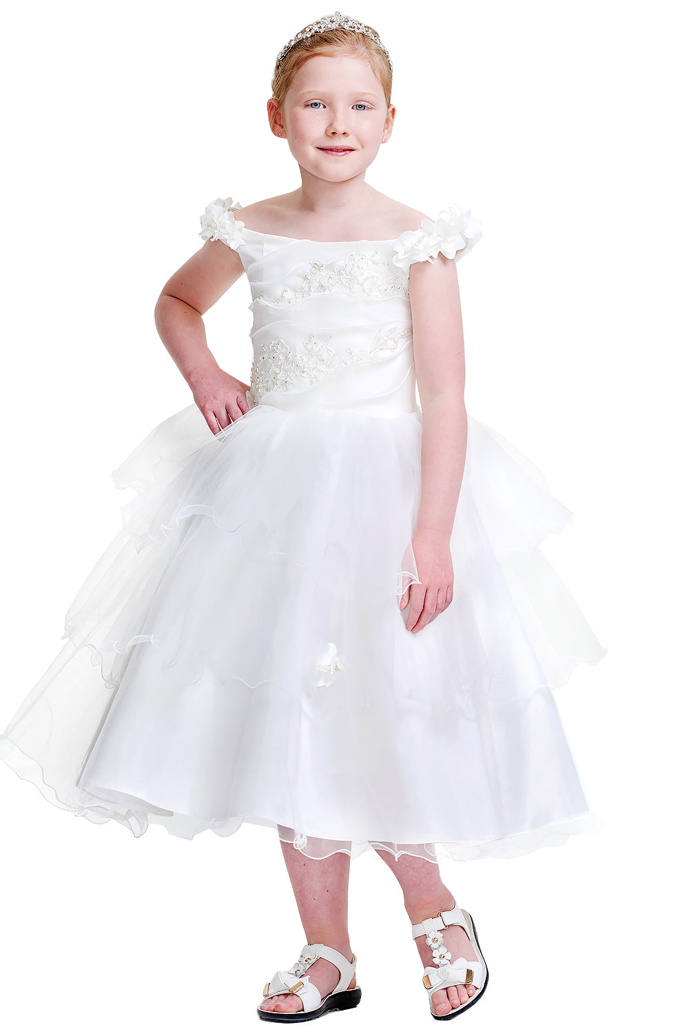 Off-the-Shoulder Organza Flower Girl Dress with Floral Appliques