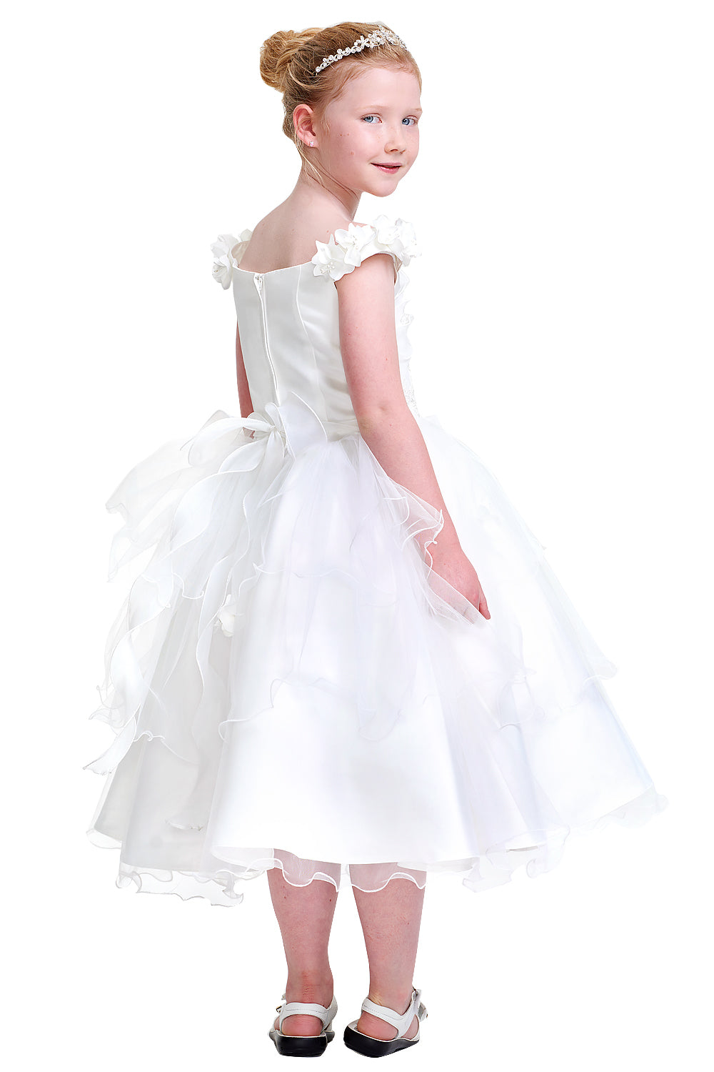 Off-the-Shoulder Organza Flower Girl Dress with Floral Appliques