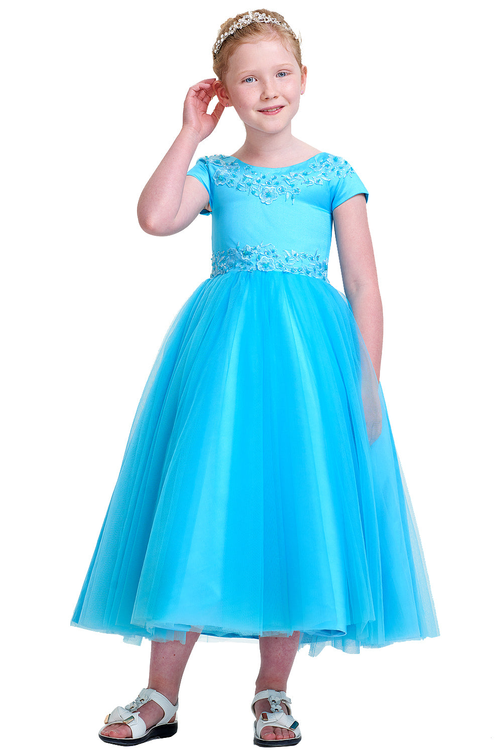 Short-Sleeve Satin and Tulle Flower Girl Dress with Floral Trim