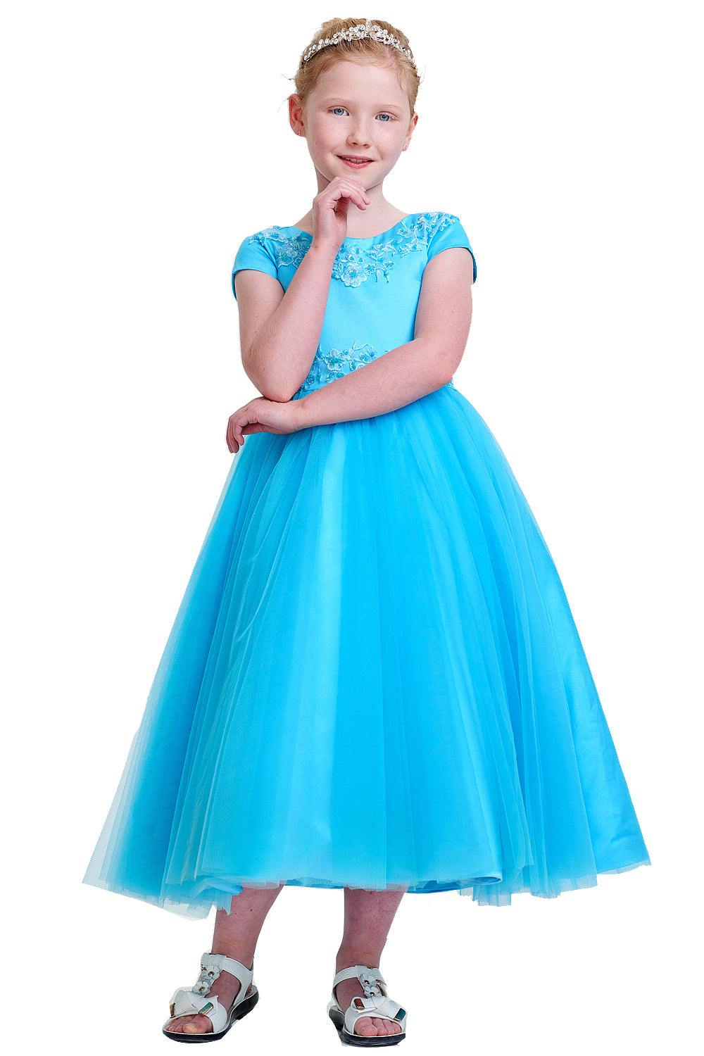 Short-Sleeve Satin and Tulle Flower Girl Dress with Floral Trim