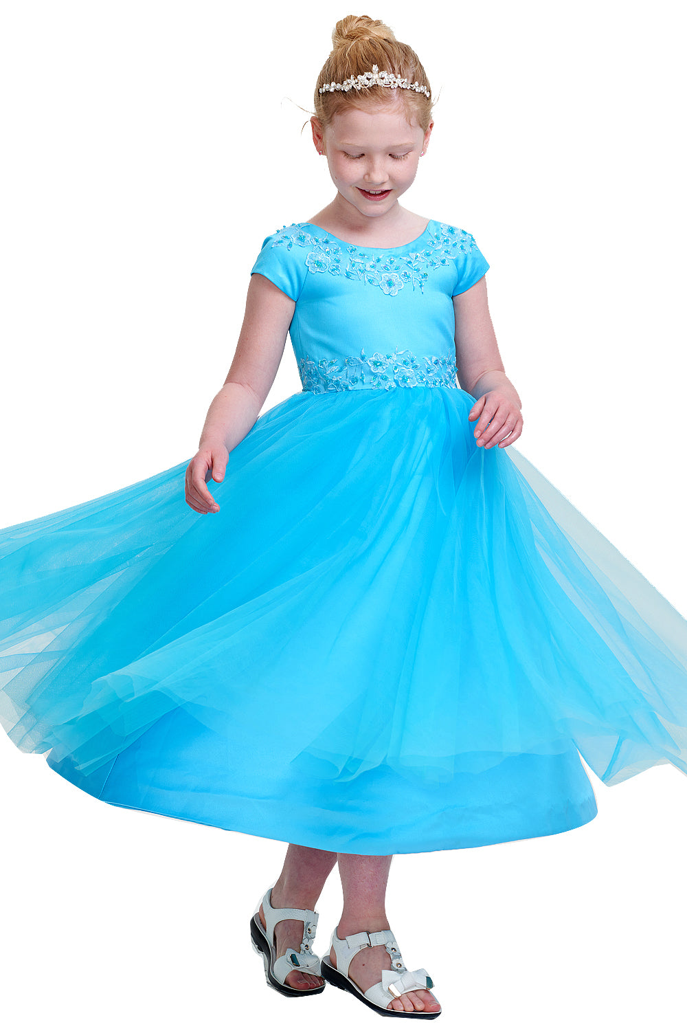 Short-Sleeve Satin and Tulle Flower Girl Dress with Floral Trim