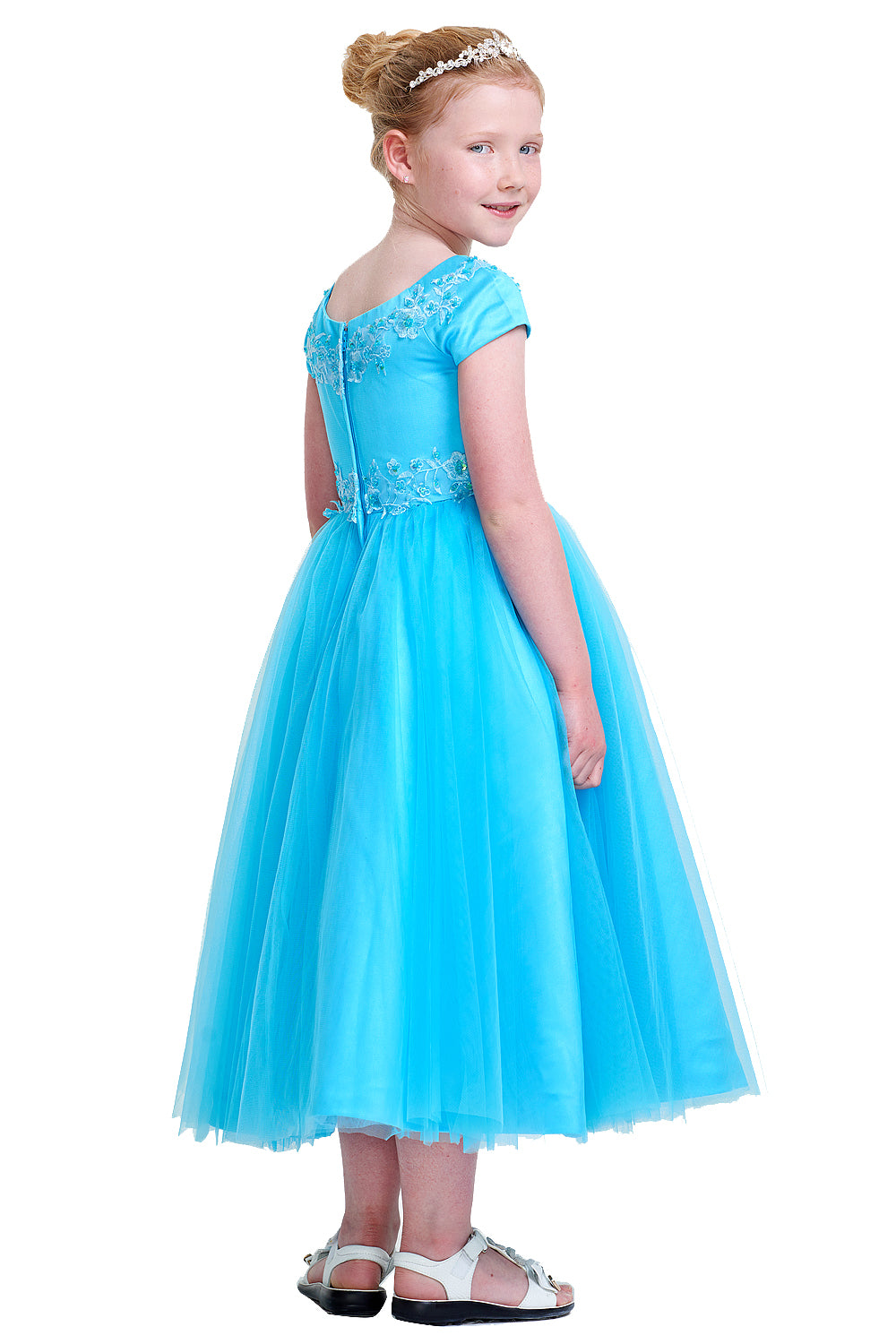 Short-Sleeve Satin and Tulle Flower Girl Dress with Floral Trim