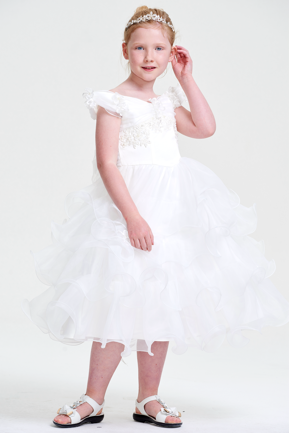 White Organza Off Shoulder Ruffled sleeves Corset Back Flower Girl Dress