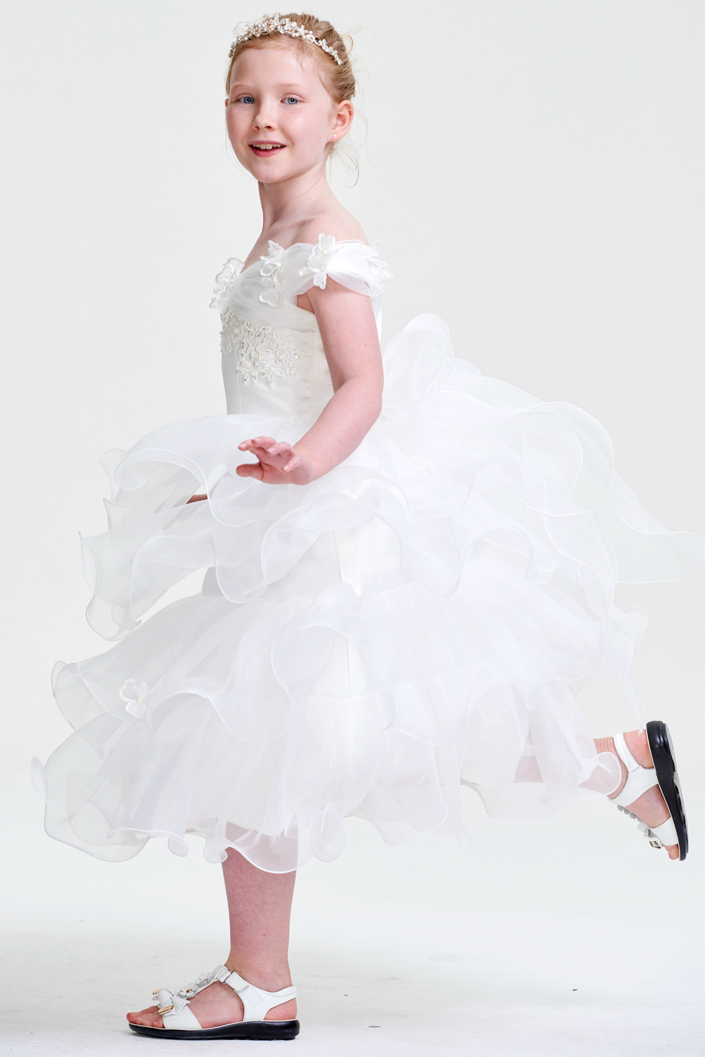 Ruffled Off-the-Shoulder Organza A-Line Flower Girl Dress