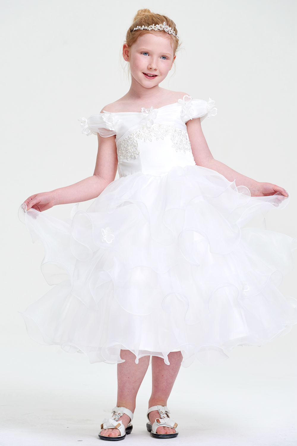 Ruffled Off-the-Shoulder Organza A-Line Flower Girl Dress
