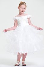 White Organza Off Shoulder Ruffled sleeves Corset Back Flower Girl Dress