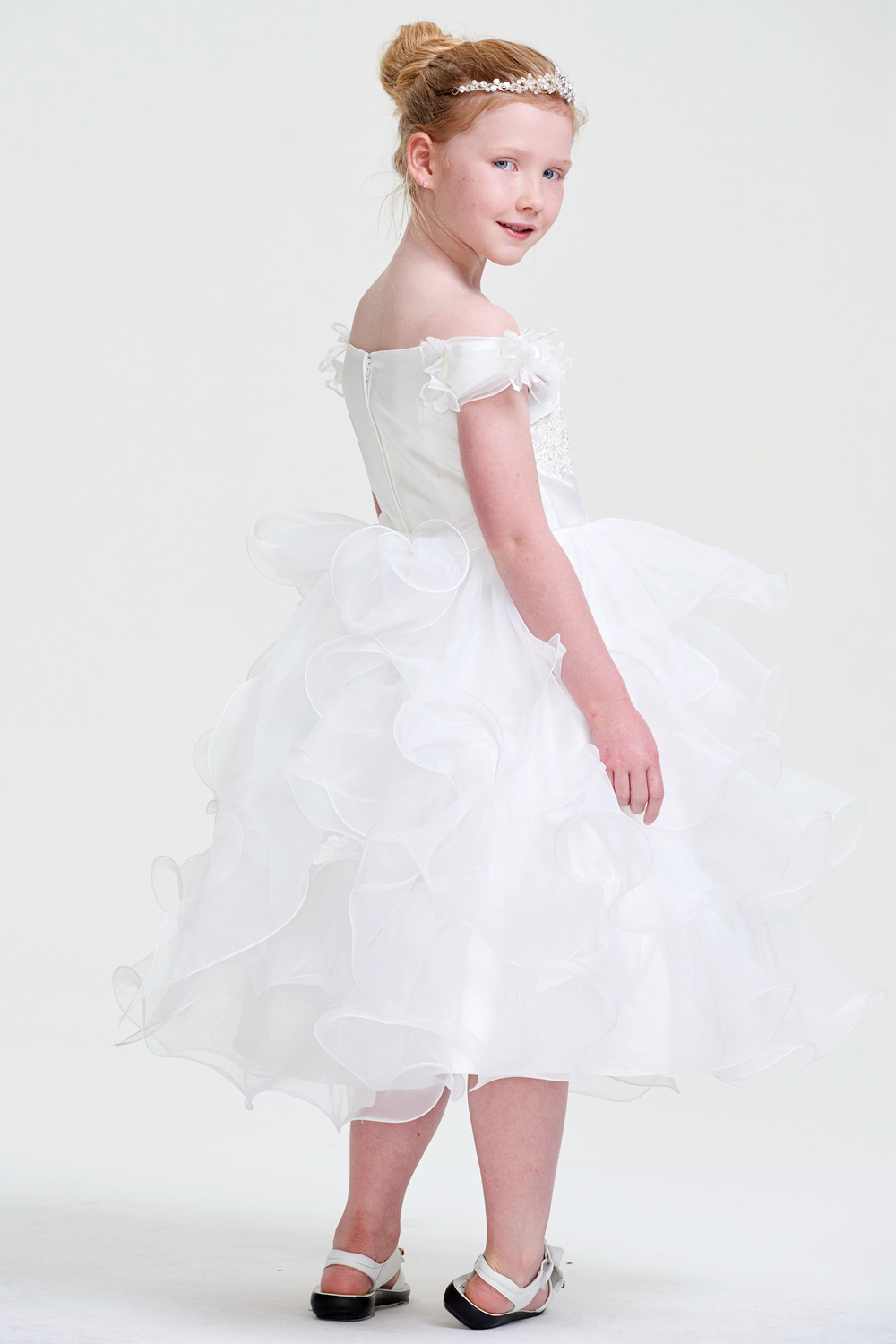 Ruffled Off-the-Shoulder Organza A-Line Flower Girl Dress