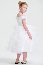 White Organza Off Shoulder Ruffled sleeves Corset Back Flower Girl Dress