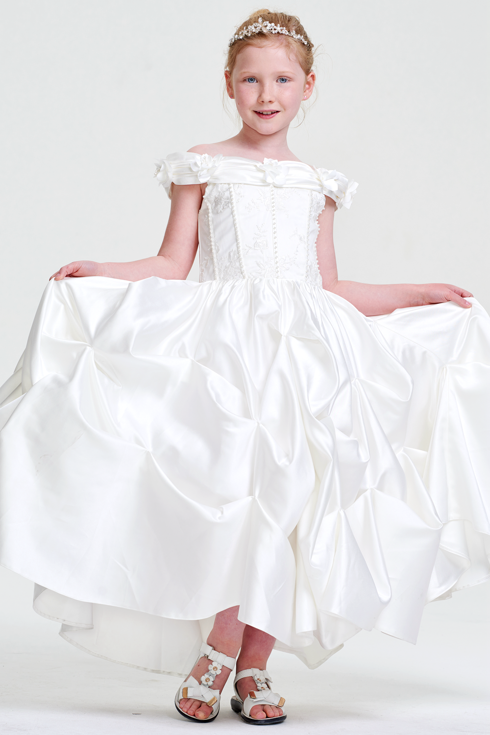 Off-the-Shoulder Satin A-Line Flower Girl Dress with Pick-Up Skirt
