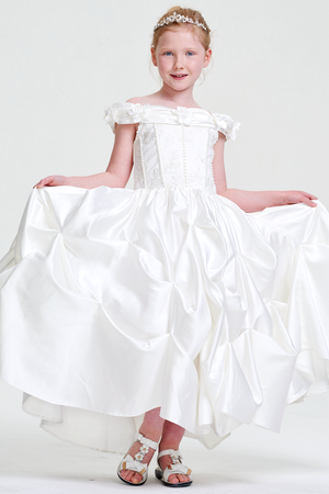 Ivory Off-the-Shoulder Satin A-Line Flower Girl Dress with Pick-Up Skirt