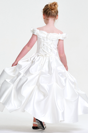 Ivory Off-the-Shoulder Satin A-Line Flower Girl Dress with Pick-Up Skirt