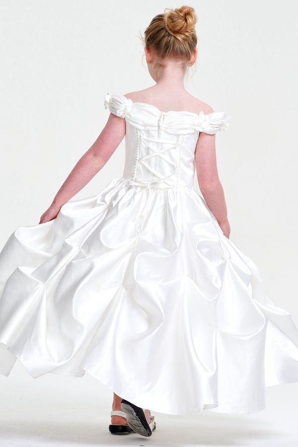 Ivory Off-the-Shoulder Satin A-Line Flower Girl Dress with Pick-Up Skirt