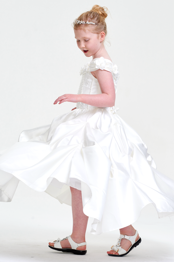 Ivory Off-the-Shoulder Satin A-Line Flower Girl Dress with Pick-Up Skirt