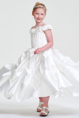 Ivory Off-the-Shoulder Satin A-Line Flower Girl Dress with Pick-Up Skirt
