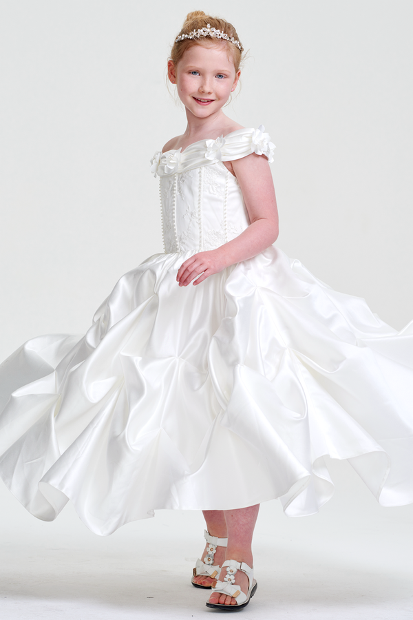 Ivory Off-the-Shoulder Satin A-Line Flower Girl Dress with Pick-Up Skirt