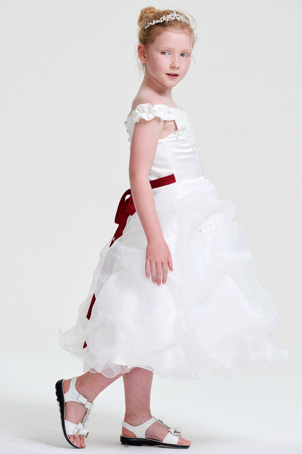 Off-the-Shoulder Ruffled Organza Flower Girl Dress with Bow