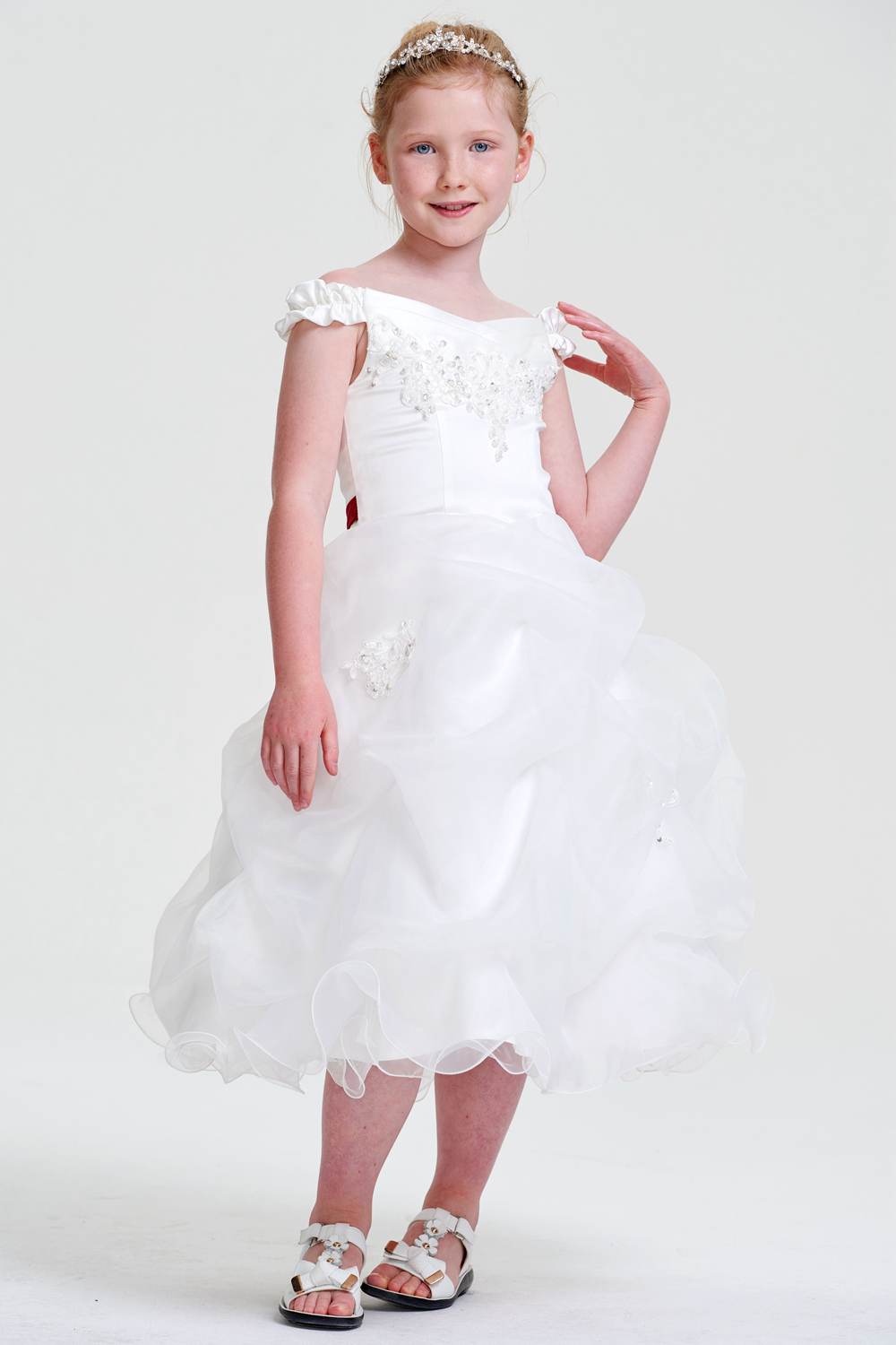 Off-the-Shoulder Ruffled Organza Flower Girl Dress with Bow