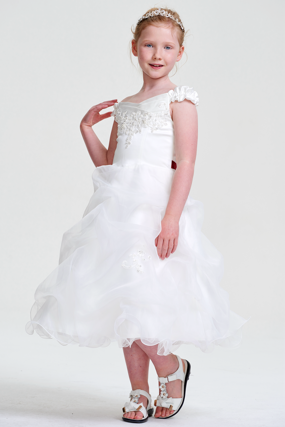 Off Shoulder Knee-Length White Organza Zip Closure Flower Girl Dress