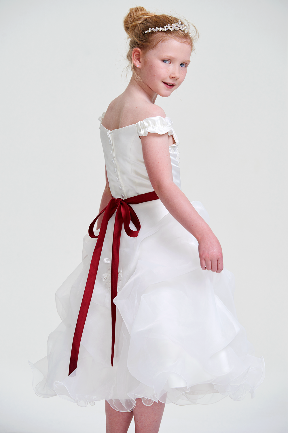 Off-the-Shoulder Ruffled Organza Flower Girl Dress with Bow