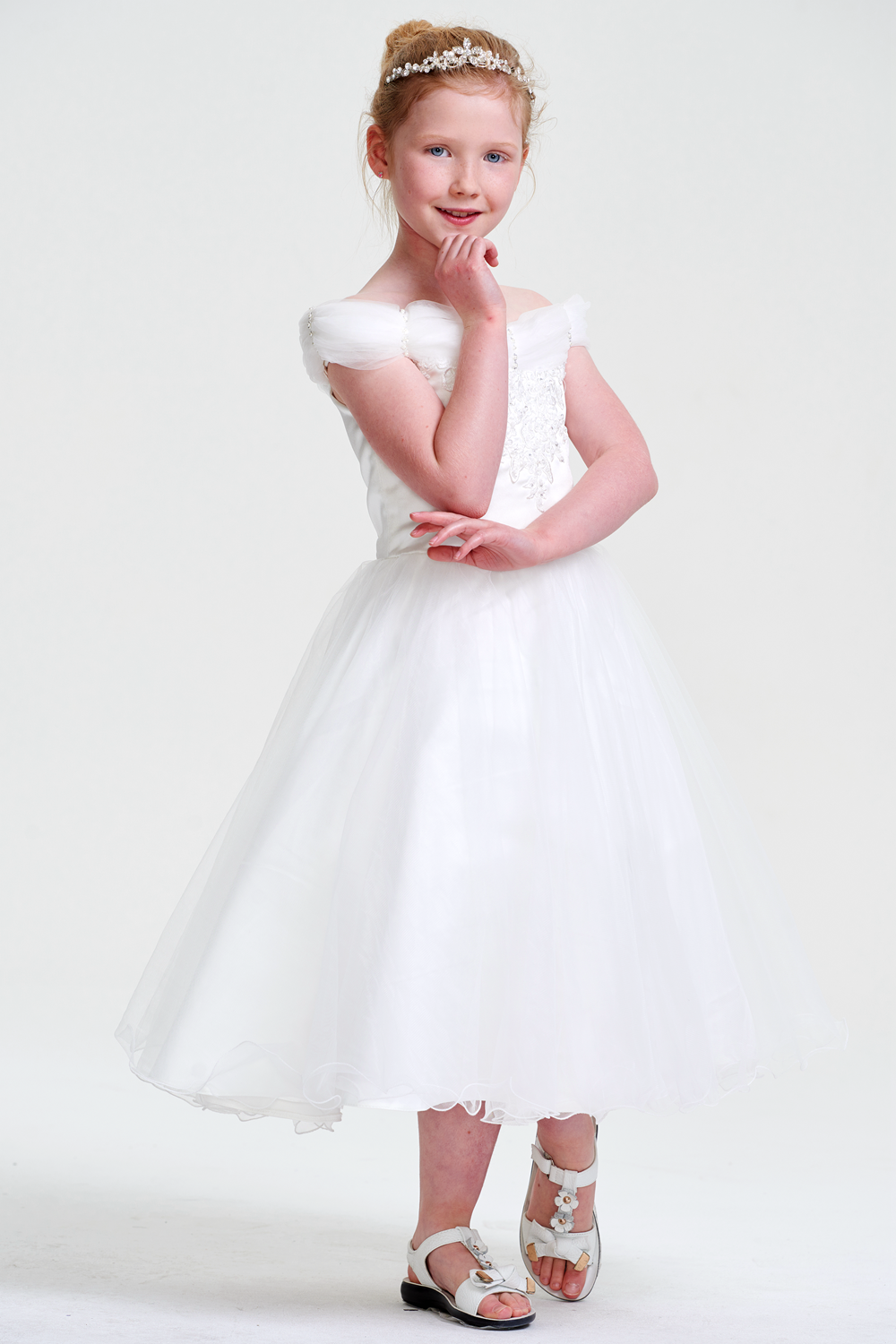 Off-the-Shoulder Tulle A-Line Flower Girl Dress with Floral Bodice