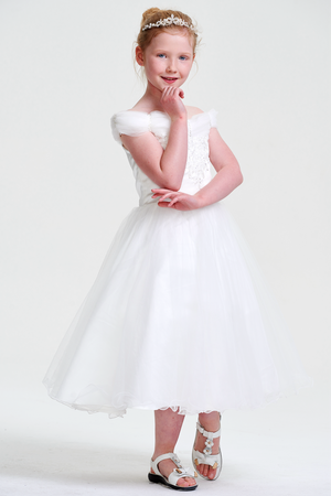 Ivory Off-the-Shoulder Tulle A-Line Flower Girl Dress with Floral Bodice