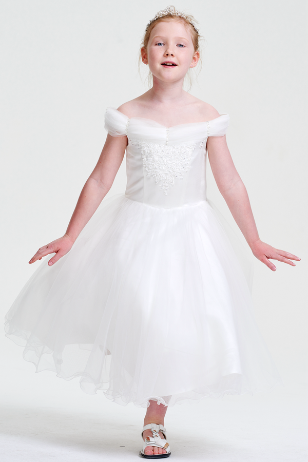 Ivory Off-the-Shoulder Tulle A-Line Flower Girl Dress with Floral Bodice