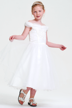 White Tulle Off Shoulder Knee-Length Floral Embroidery Flower Girl Dress