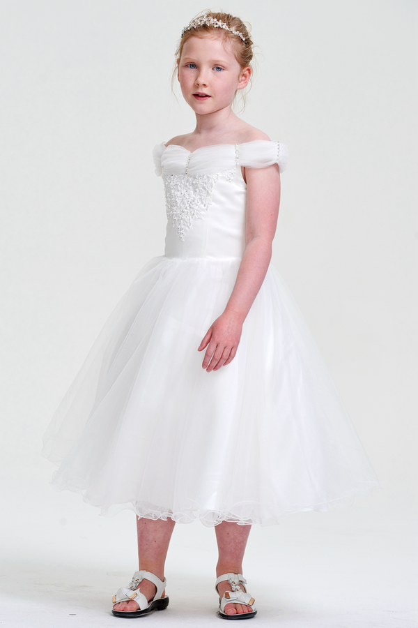 Ivory Off-the-Shoulder Tulle A-Line Flower Girl Dress with Floral Bodice